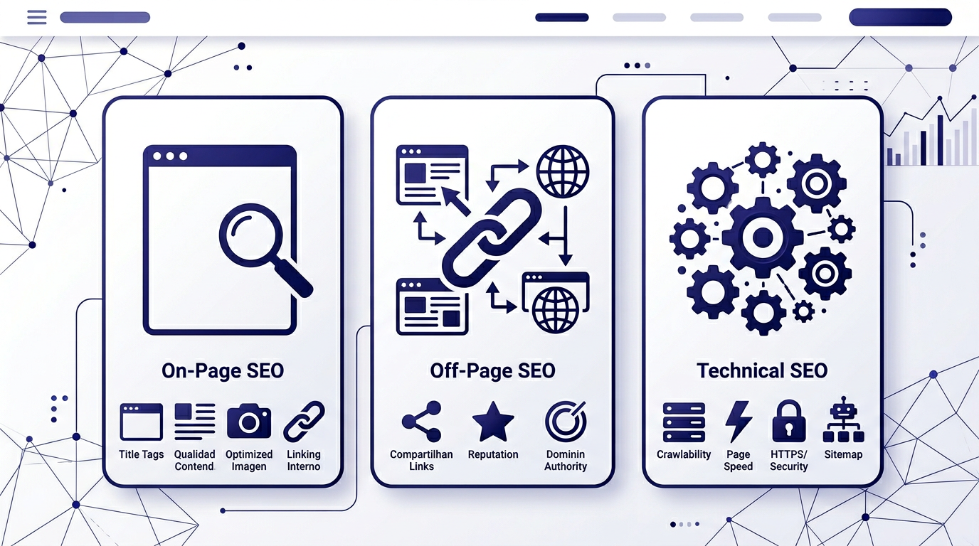 Infográfico: pilares do SEO — On-page, Off-page e Técnico. Guia estratégico 2026.